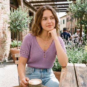 Free People Lavender Short Sleeve Henley Top – Scalloped Neckline Knit (Size L)